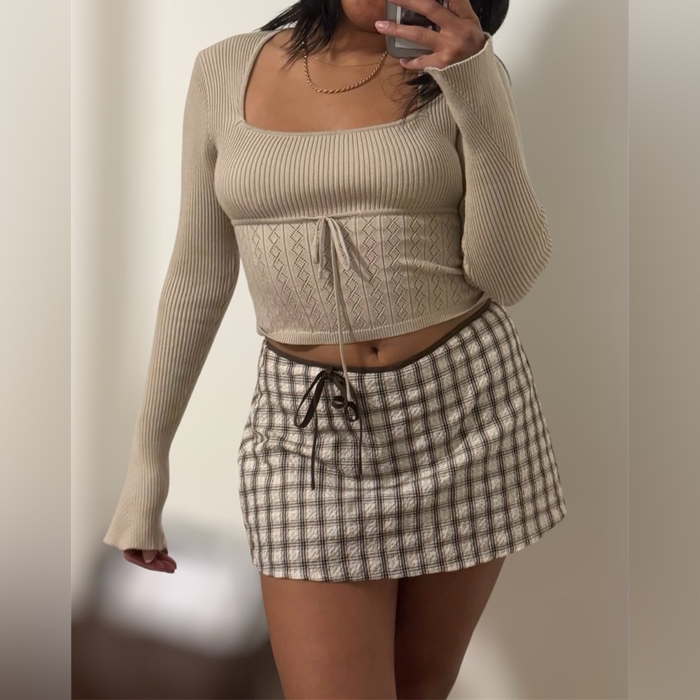SHEIN cream long sleeve crop top with tie detail